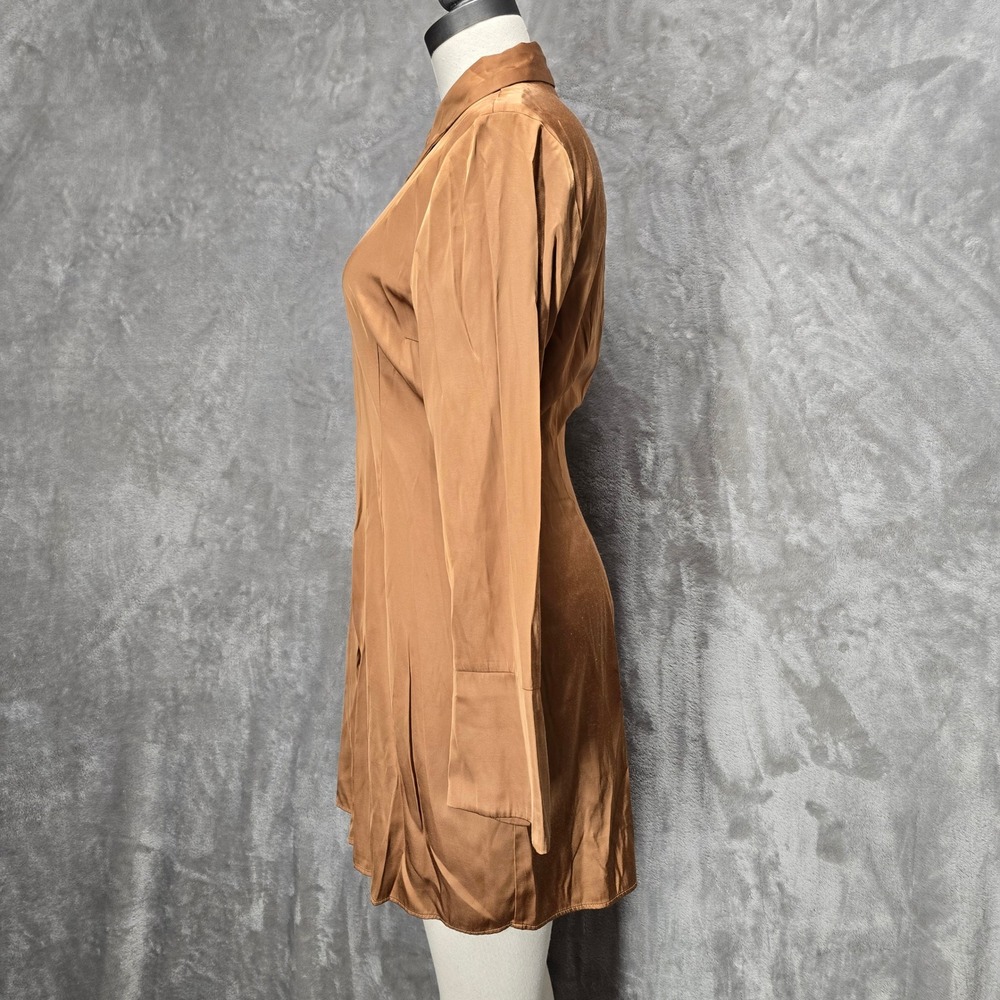 Abercrombie Fitch Gold Brown Mini Dress Satin Long Sleeves Button Front Medium - Picture 2 of 11